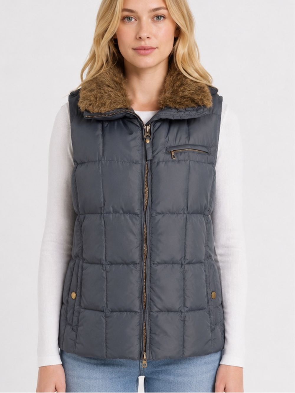 Lands' End Quilted Down Vest, Faux Fur Collar Pockets Dark Gray Size Large